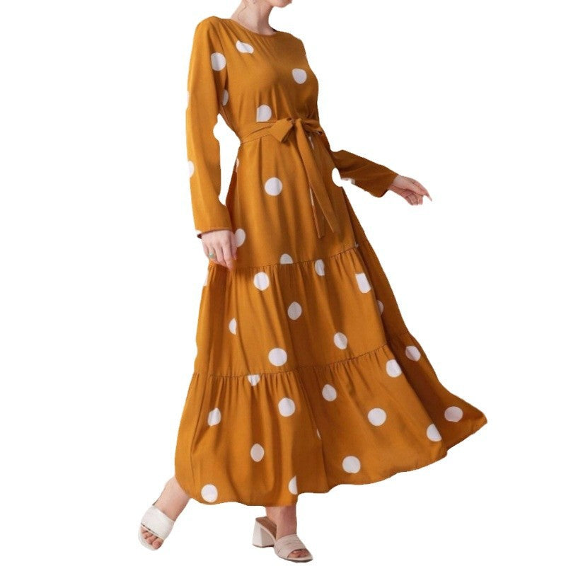 Damen Maxikleid mit buntem Polka-Dot-Muster und Taillengürtel R&B
