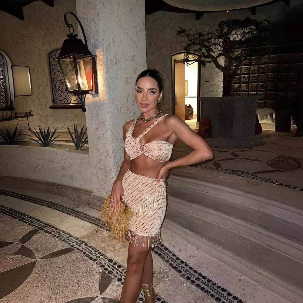 Damen zweiteiliges Glamour-Set mit funkelndem Paillettendesign und Fransen R&B