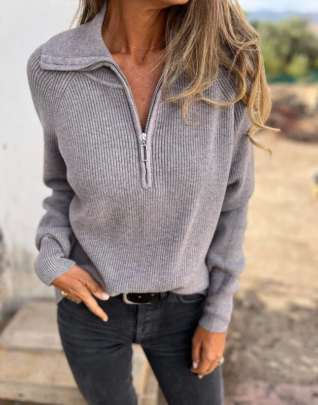 Damen Sportlicher Strickpullover mit Stehkragen und Reißverschluss R&B