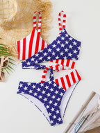 Damen Triangel-Bikini-Set mit asymmetrischem Schnitt und buntem Sternen-Design R&B