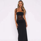 Damen nan Bandeau-Maxikleid mit transparentem Spitzenkorsett und knotbaren Spaghettiträgern R&B