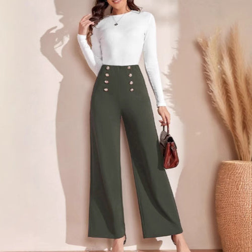 Damen Hochwaisted Weite Hose mit dekorativen Knöpfen R&B