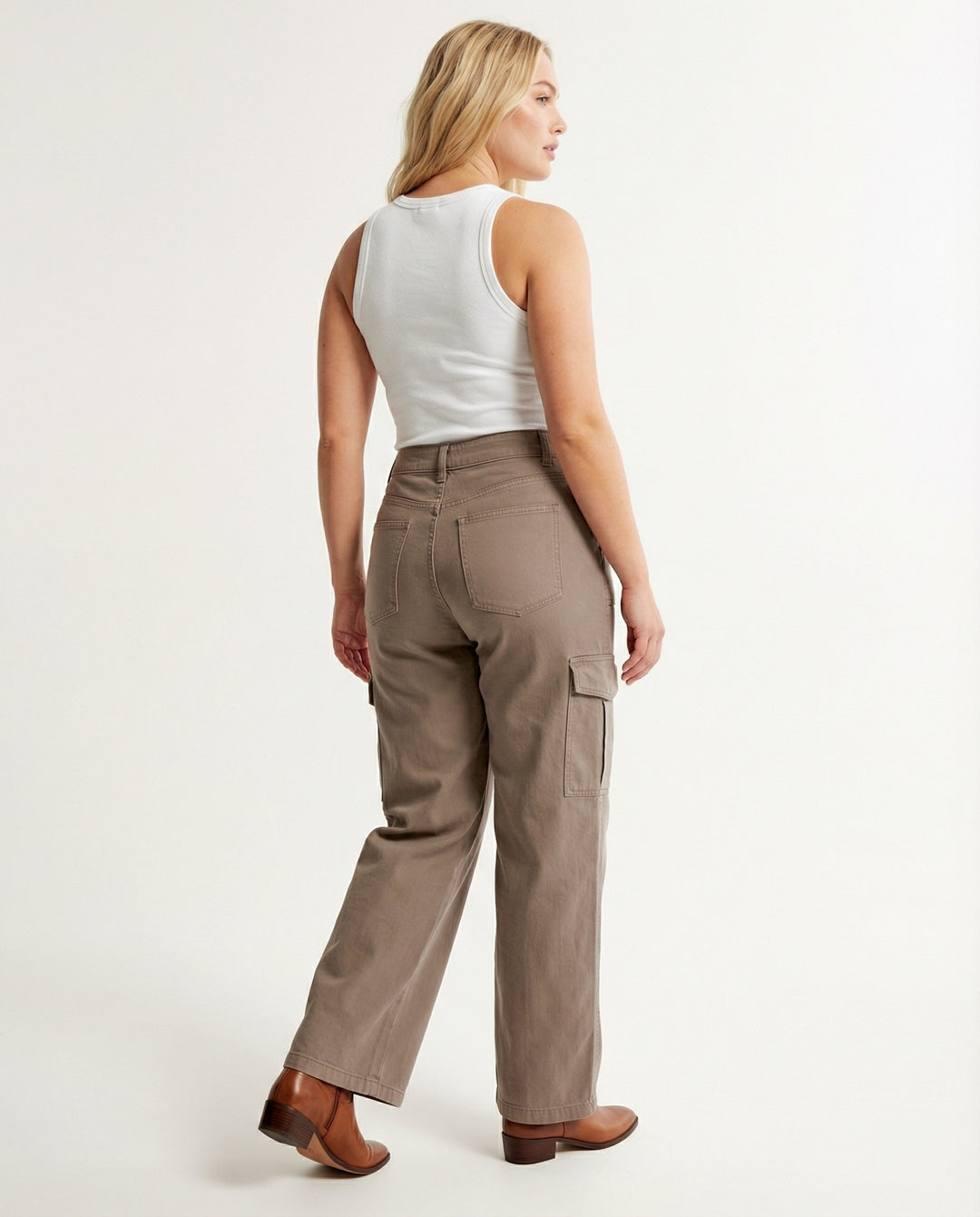 Damen hochtaillierte Utility-Hose mit weiten Beinpartien, aufgesetzten Klappentaschen und Knopf-Saumverstellung R&B