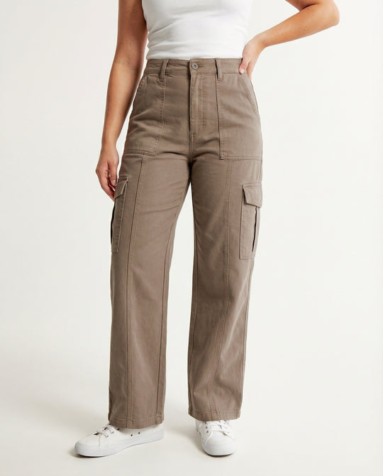 Damen hochtaillierte Utility-Hose mit weiten Beinpartien, aufgesetzten Klappentaschen und Knopf-Saumverstellung R&B
