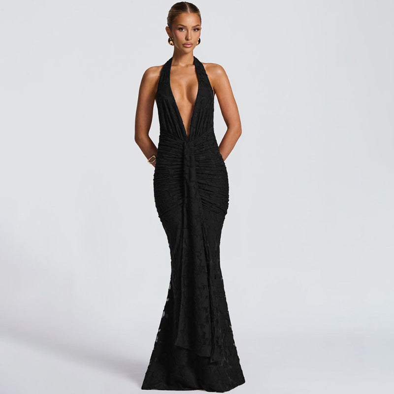 Damen Elegantes Maxikleid mit tiefem V-Ausschnitt und strukturierter Raffung R&B