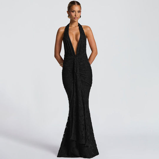 Damen Elegantes Maxikleid mit tiefem V-Ausschnitt und strukturierter Raffung R&B