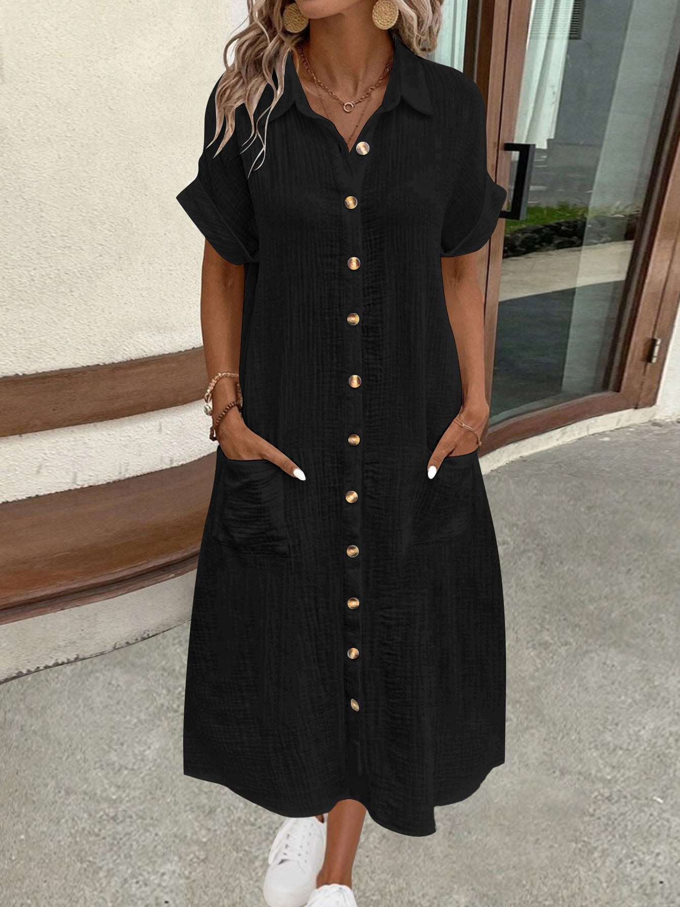 Damen Hemdblusenkleid mit dekorativen Knöpfen und praktischen Taschen R&B
