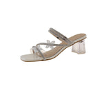 Damen Elegante Sandaletten mit funkelnden Strassblumen und transparentem Absatz R&B