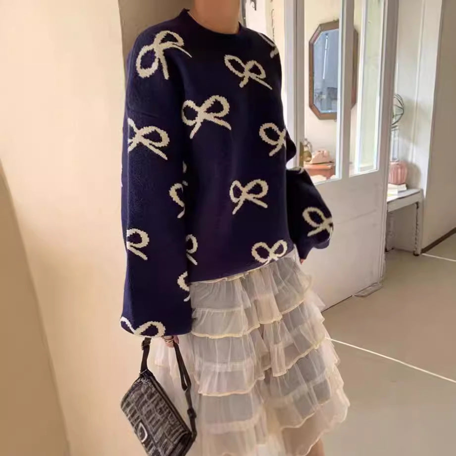Damen Weicher Pullover mit romantischem Schleifenmuster R&B