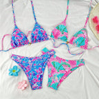 Damen Triangel-Bikini-Set mit verstellbaren Trägern und buntem Muster R&B