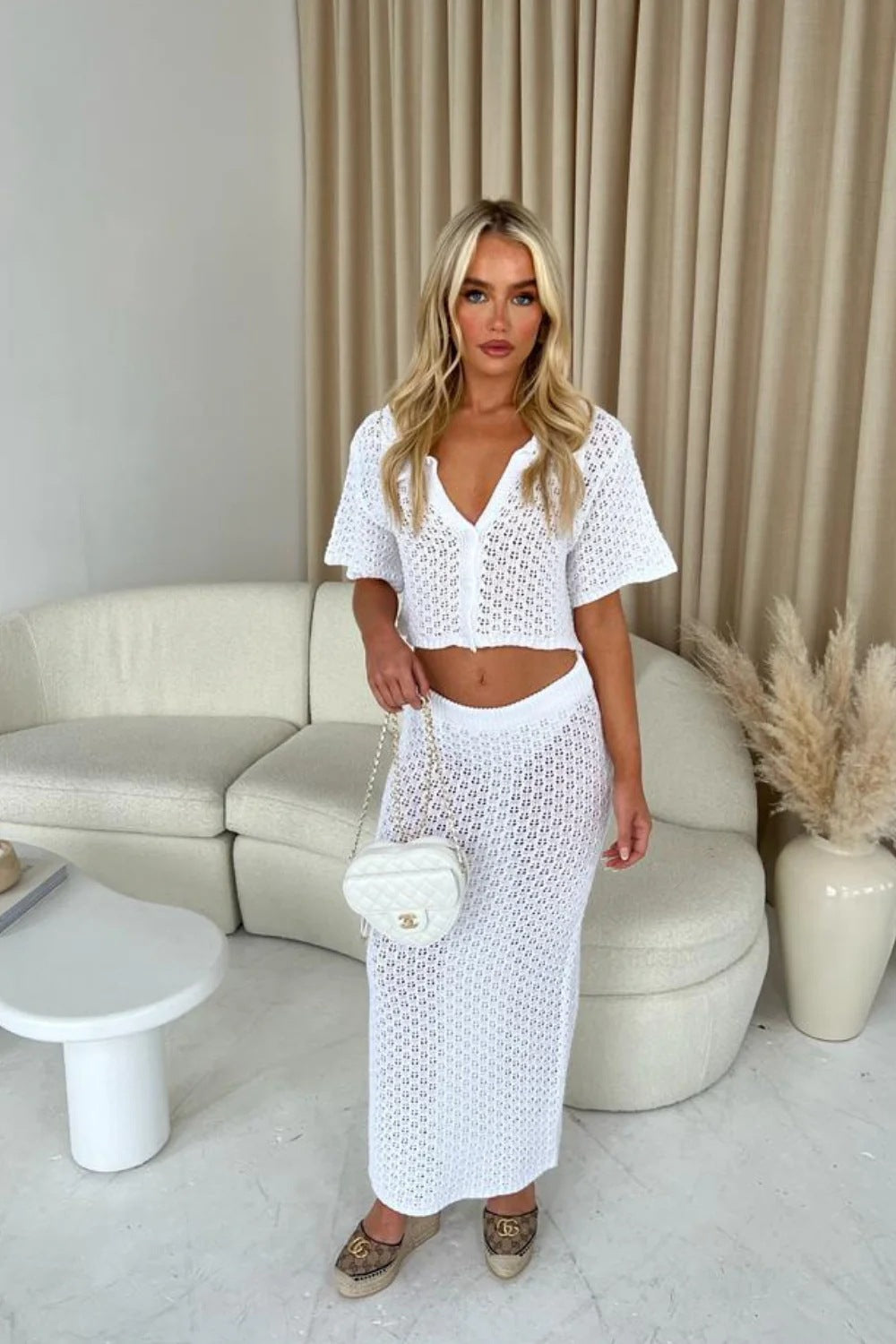 Damen Strick-Set mit offenem Cardigan und maxi Rock R&B