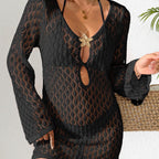 Damen gehäkelter Strandüberwurf mit stylischem V-Ausschnitt und eleganten Ärmeln R&B