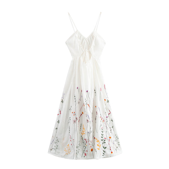 Damen Spaghetti-Träger Kleid mit floralen Stickereien R&B