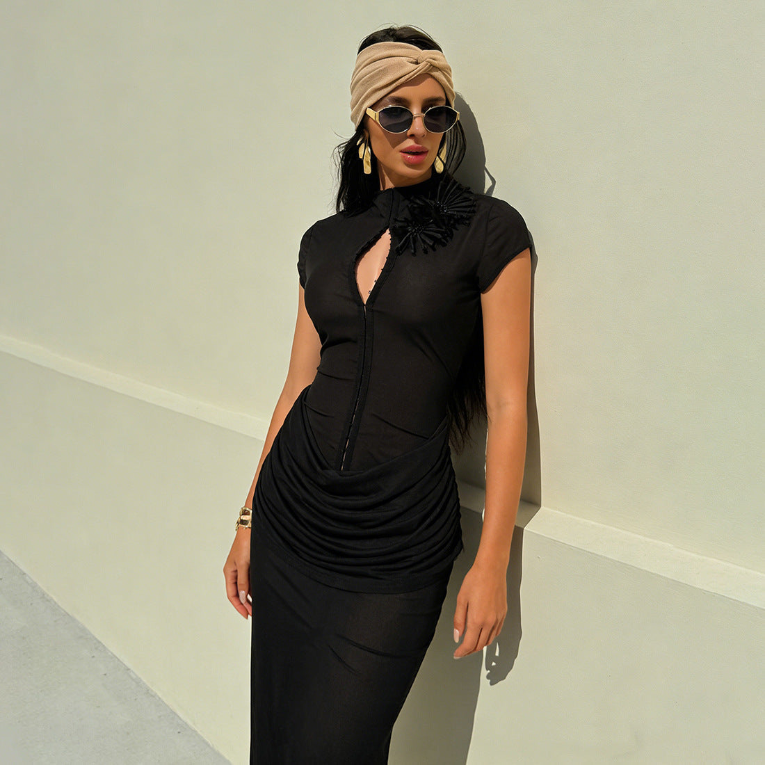 Damen Langarm Maxikleid mit raffiniertem Schnitt und eleganter Knopfdetail R&B