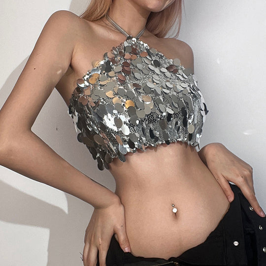 Damen Glitzerndes Crop-Top mit schimmernden Pailletten R&B