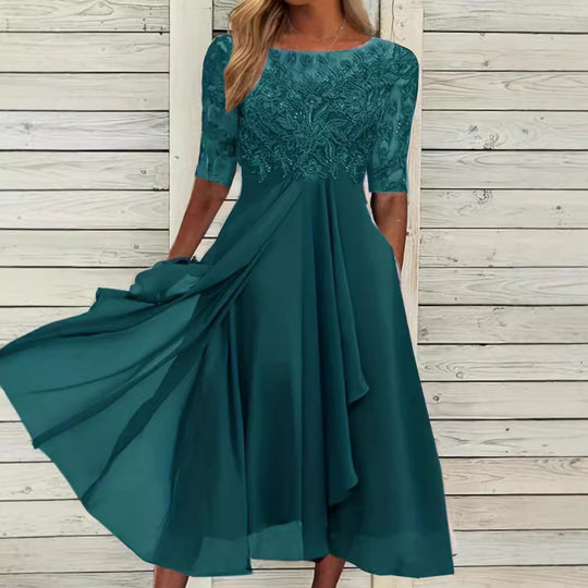 Damen nan elegantes Chiffon-Midikleid mit besticktem Spitzenoberteil und halblangen Ärmeln R&B