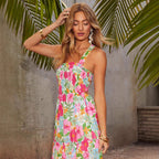 Damen Maxikleid mit floralem Rüschenmuster und elastischem Bund R&B
