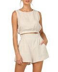 Damen lässiges Leinen-Oberteil mit hochgeschnürtem Saum und Shorts R&B