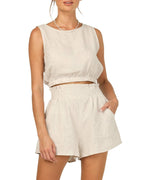 Damen lässiges Leinen-Oberteil mit hochgeschnürtem Saum und Shorts R&B