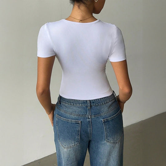 Damen Oberteil mit tiefem V-Ausschnitt und figurbetonter Silhouette R&B