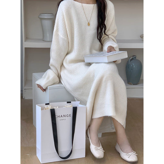 Damen Langes, gemütliches Strickkleid mit weitem Schnitt und Rundhalsausschnitt R&B
