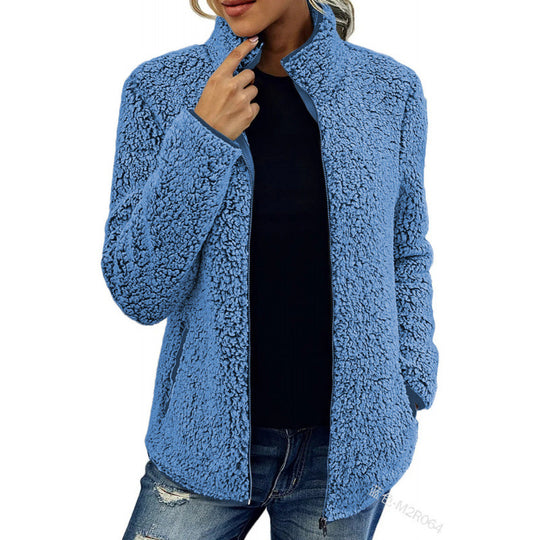 Damen flauschige Fleecejacke mit hohem Kragen und seitlichen Taschen R&B
