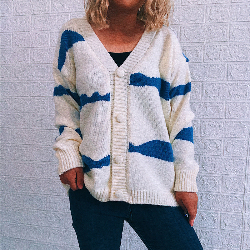 Damen gestreifte Strickjacke mit Knopfverschluss und weitem Schnitt R&B
