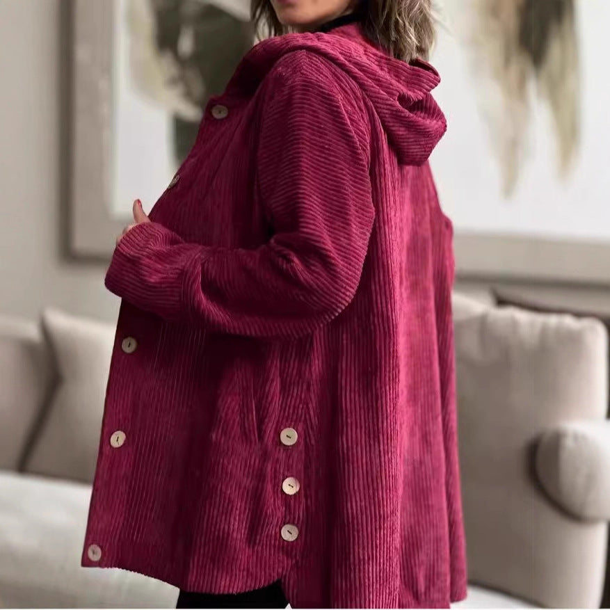 Damen Lässige cordjacke mit Kapuze und großen Knöpfen R&B