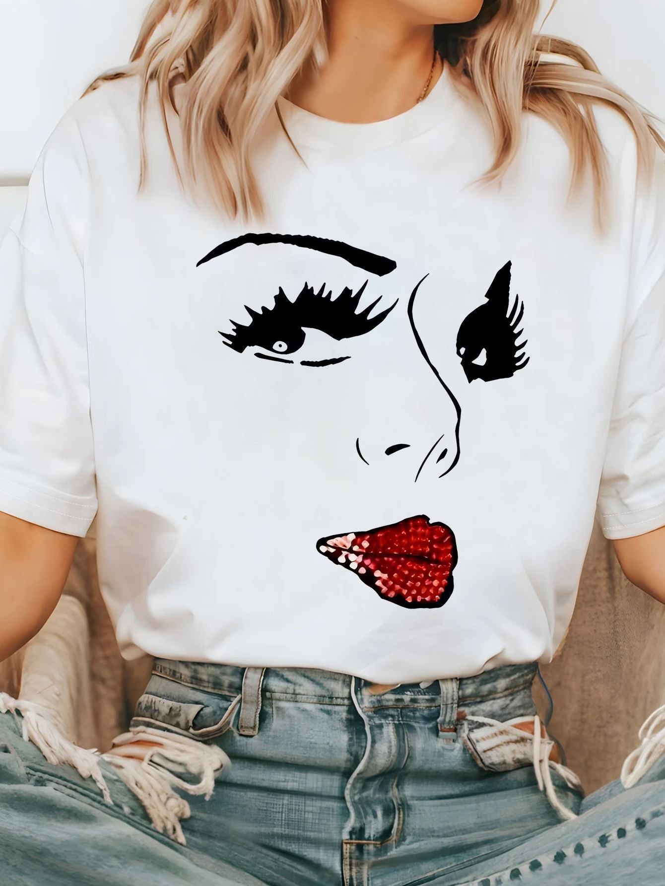 Damen T-Shirt mit kreativem Grafikdruck und luxuriösen Paillettenakzenten R&B