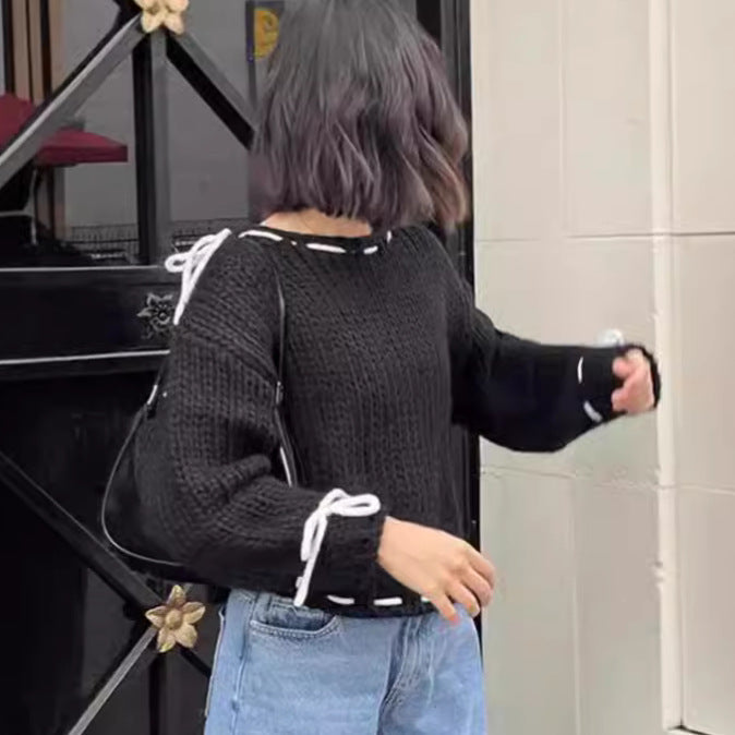Damen lässiger Pullover mit offener Schulter und dekorativem Bindegürtel R&B