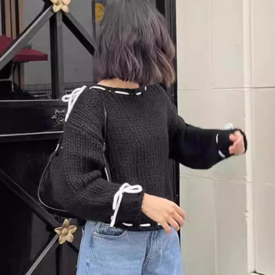 Damen lässiger Pullover mit offener Schulter und dekorativem Bindegürtel R&B