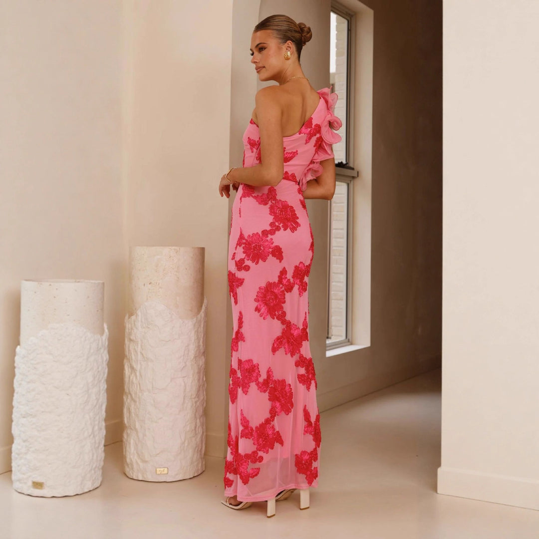 Damen Elegantes und figurbetontes Maxikleid mit asymmetrischem Träger und floralen Applikationen R&B