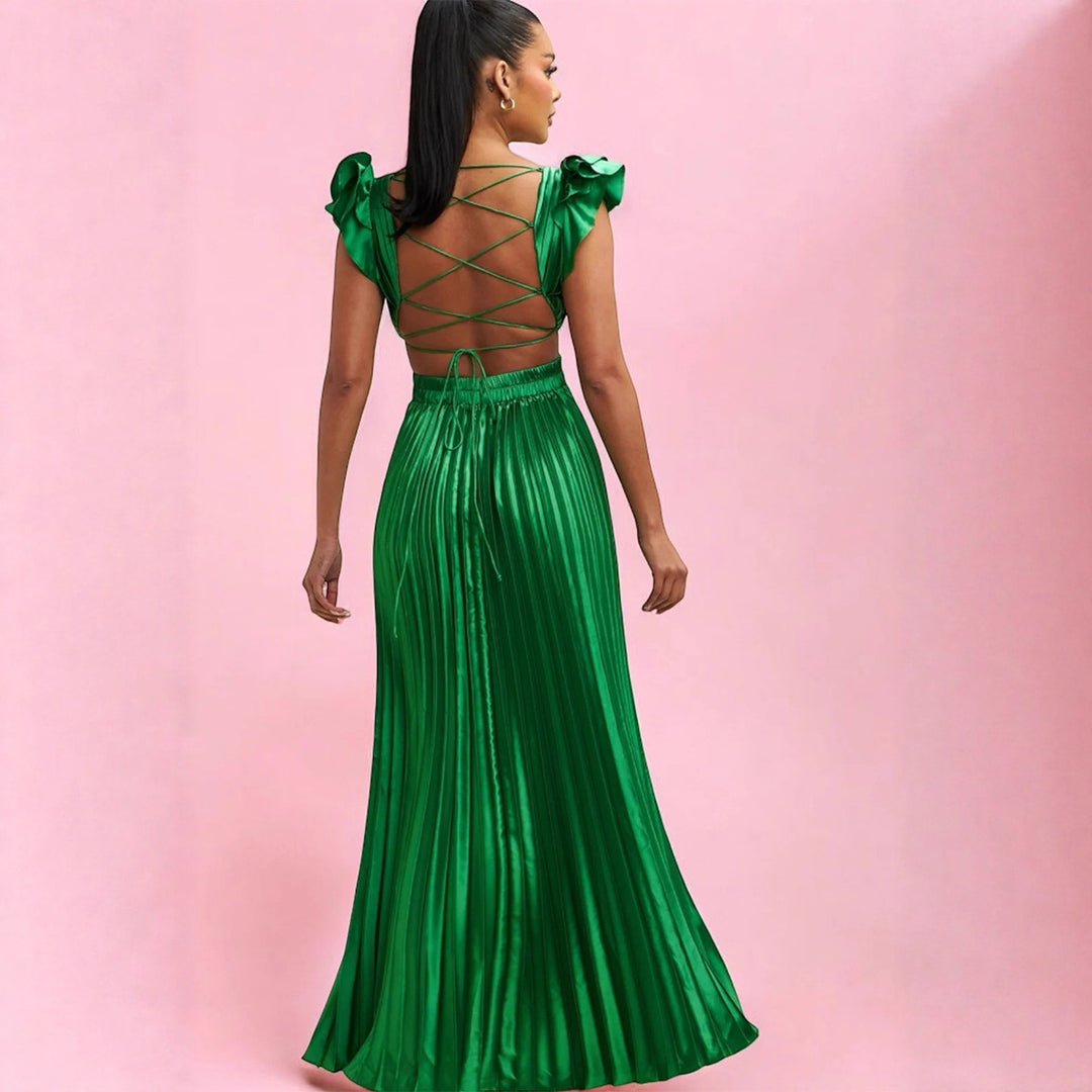 Damen Glamouröses Plissee-Maxikleid mit tiefem V-Ausschnitt und Puffärmeln R&B