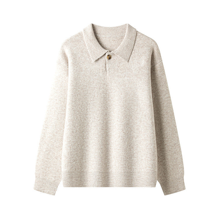 Damen eleganter Strickpullover mit Polokragen und Knopf R&B
