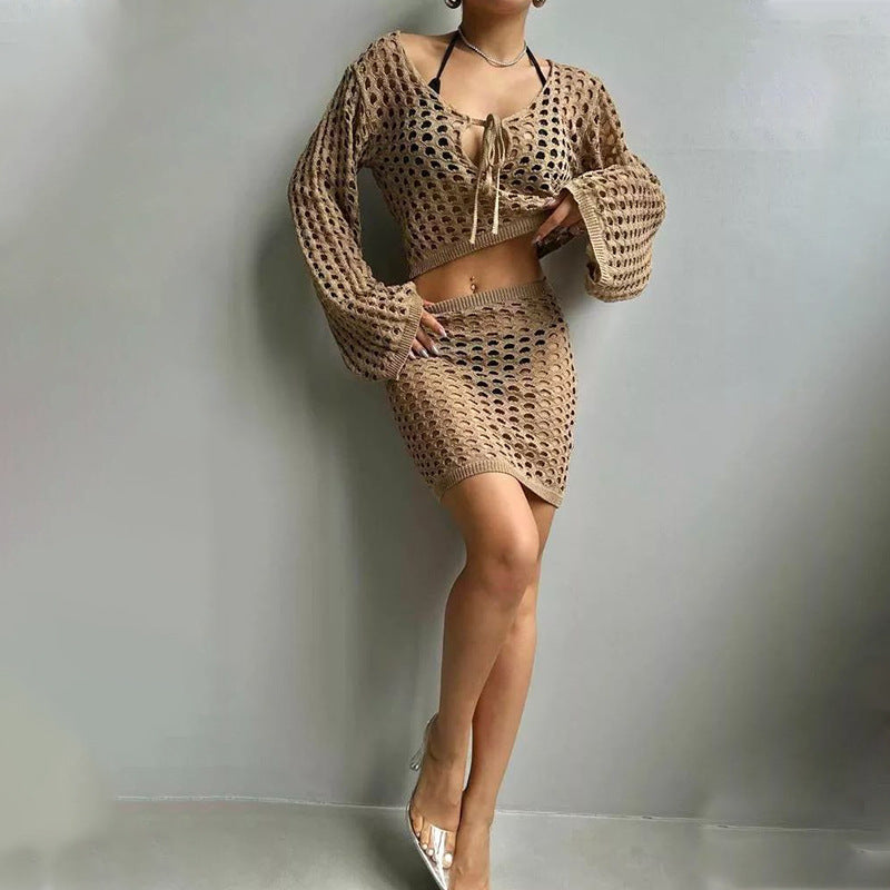 Damen gehäkeltes Strandoutfit mit offener Front R&B