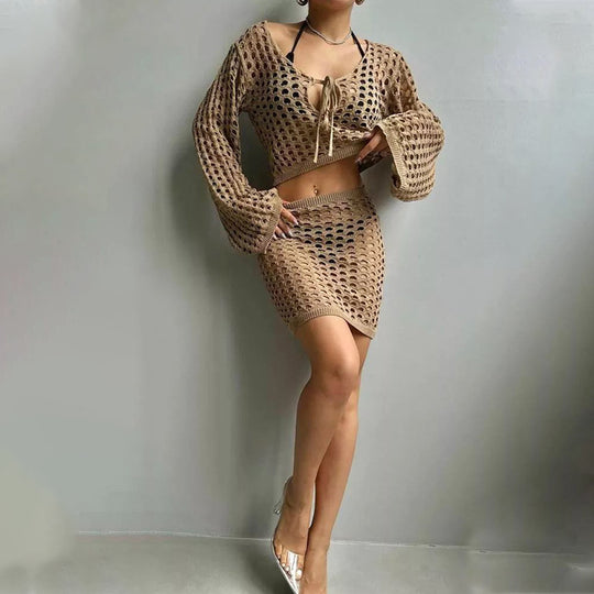 Damen gehäkeltes Strandoutfit mit offener Front R&B