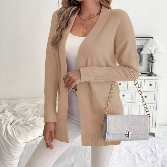 Damen Langer Strickcardigan mit feinen Rippdetails und lässigem Schnitt R&B