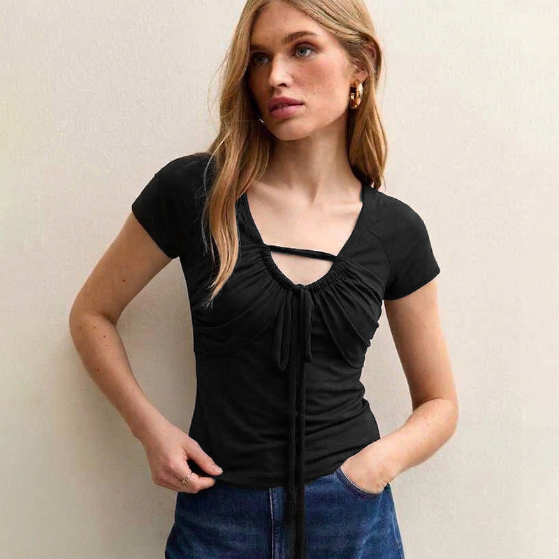 Damen figurbetontes Kurzarm-Top mit Rüschendetails und Bindeband R&B