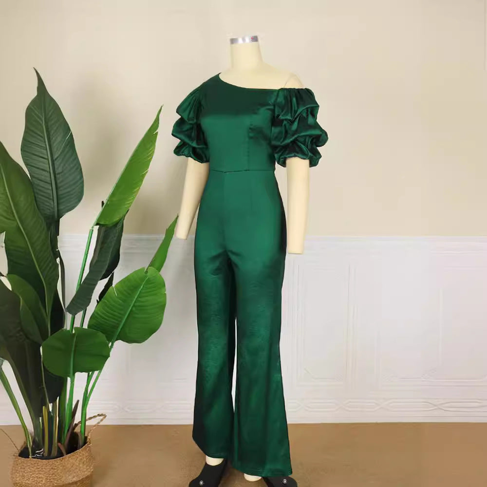 Damen Eleganter Jumpsuit mit asymmetrischen Puffärmeln R&B