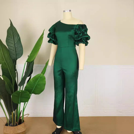 Damen Eleganter Jumpsuit mit asymmetrischen Puffärmeln R&B