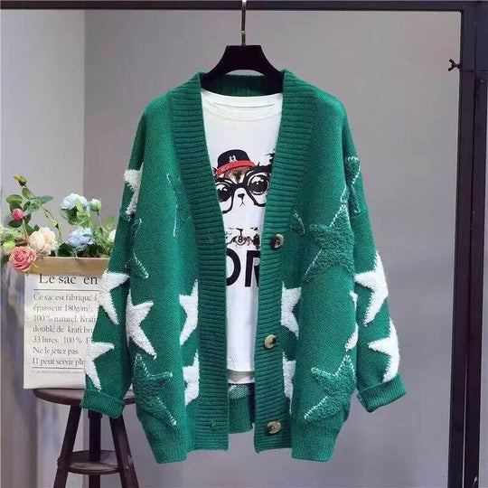 Damen Grobstrick-Cardigan mit Sternenmuster und tiefem V-Ausschnitt R&B