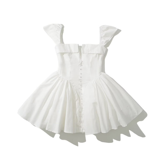 Damen Minikleid mit voluminösen Rüschenelementen und Knopfdetailierung R&B