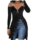 Damen Off-Shoulder Kleid mit Reißverschluss und Knopfdetaillierung R&B