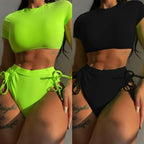 Damen Sportliches Bikini-Set mit hohem Bund und dekorativen BindR&Bändern R&B