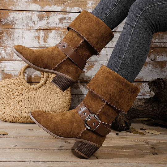 Damen modische Ankle-Boots mit breitem Umschlag und dekorativem Riemchen R&B