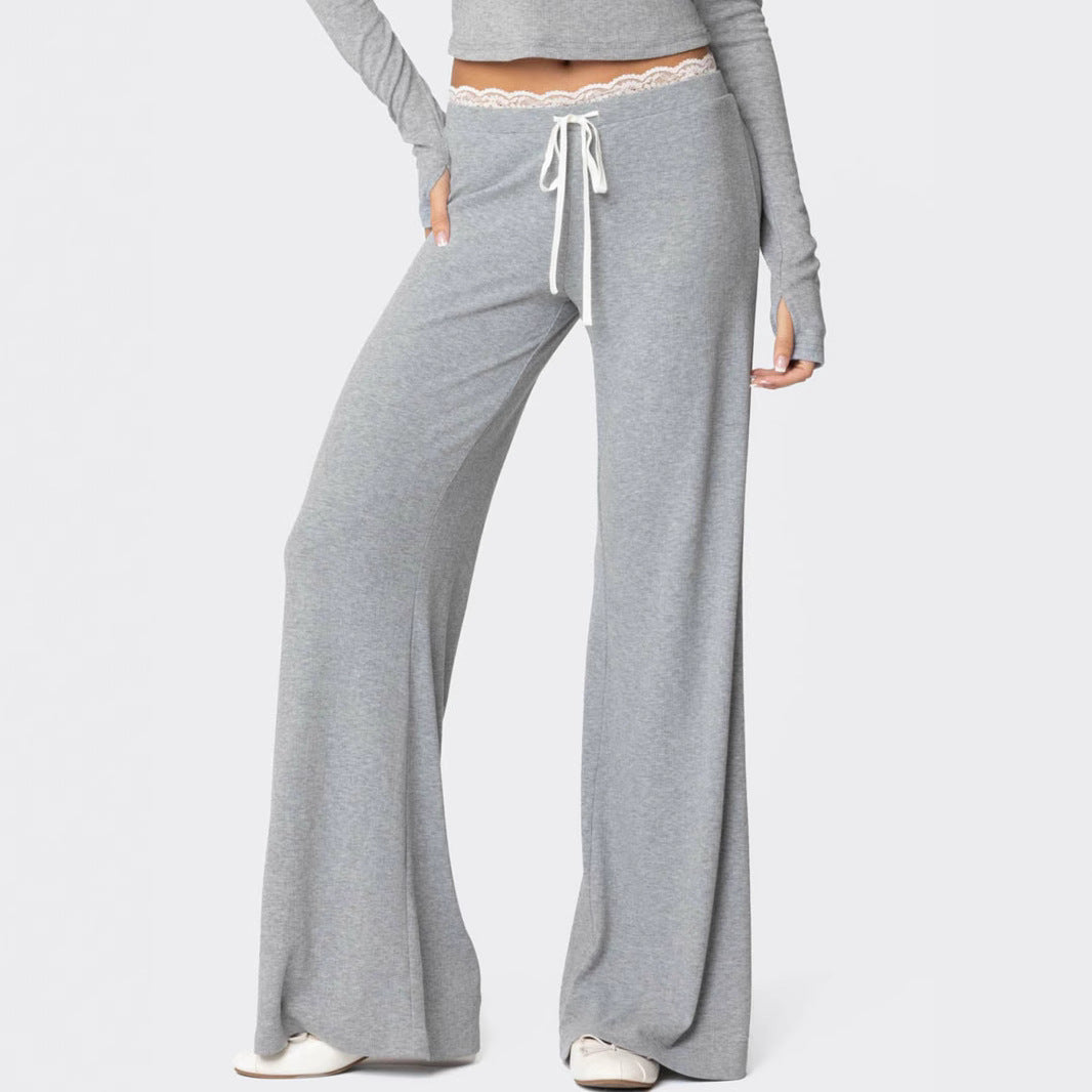 Damen Hellgraue Freizeithose mit elastischem Bund und dekorativem Spitzenabschluss R&B
