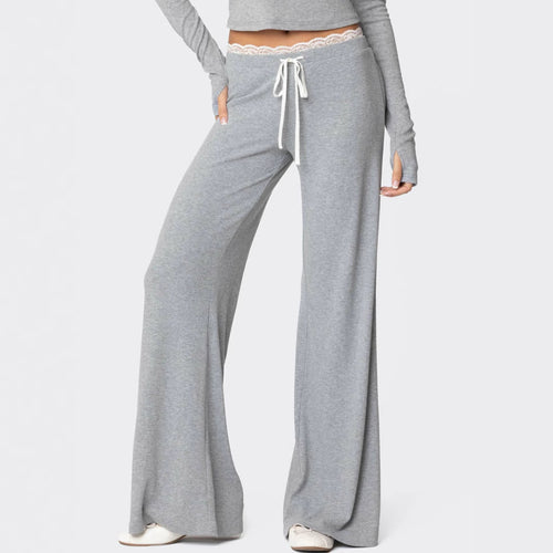 Damen Hellgraue Freizeithose mit elastischem Bund und dekorativem Spitzenabschluss R&B