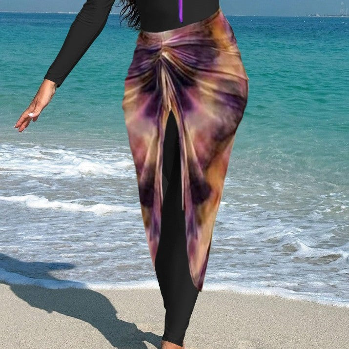 Damen modischer Langarm-Badeanzug mit elegantem Wickelrock R&B