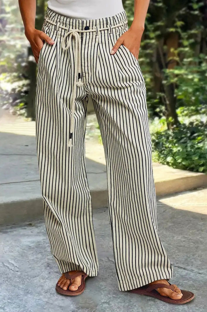 Damen lässige weite Hose im Streifenlook mit elastischem Bund und Bindegürtel R&B