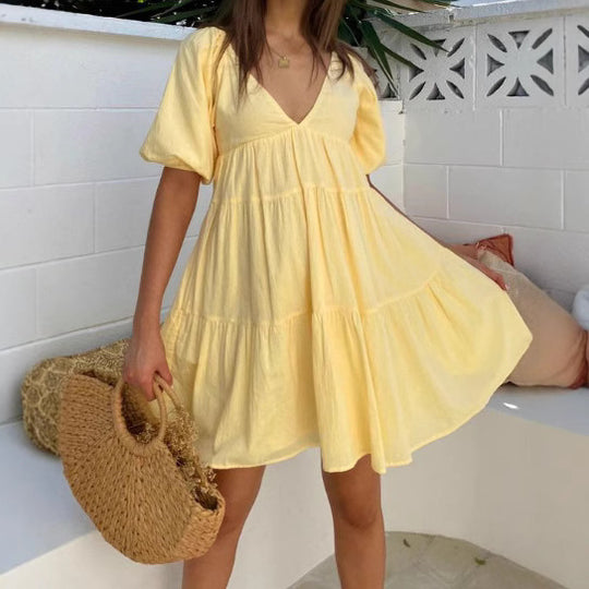 Damen luftiges Maxikleid mit voluminösen Ärmeln und schmeichelndem V-Ausschnitt R&B